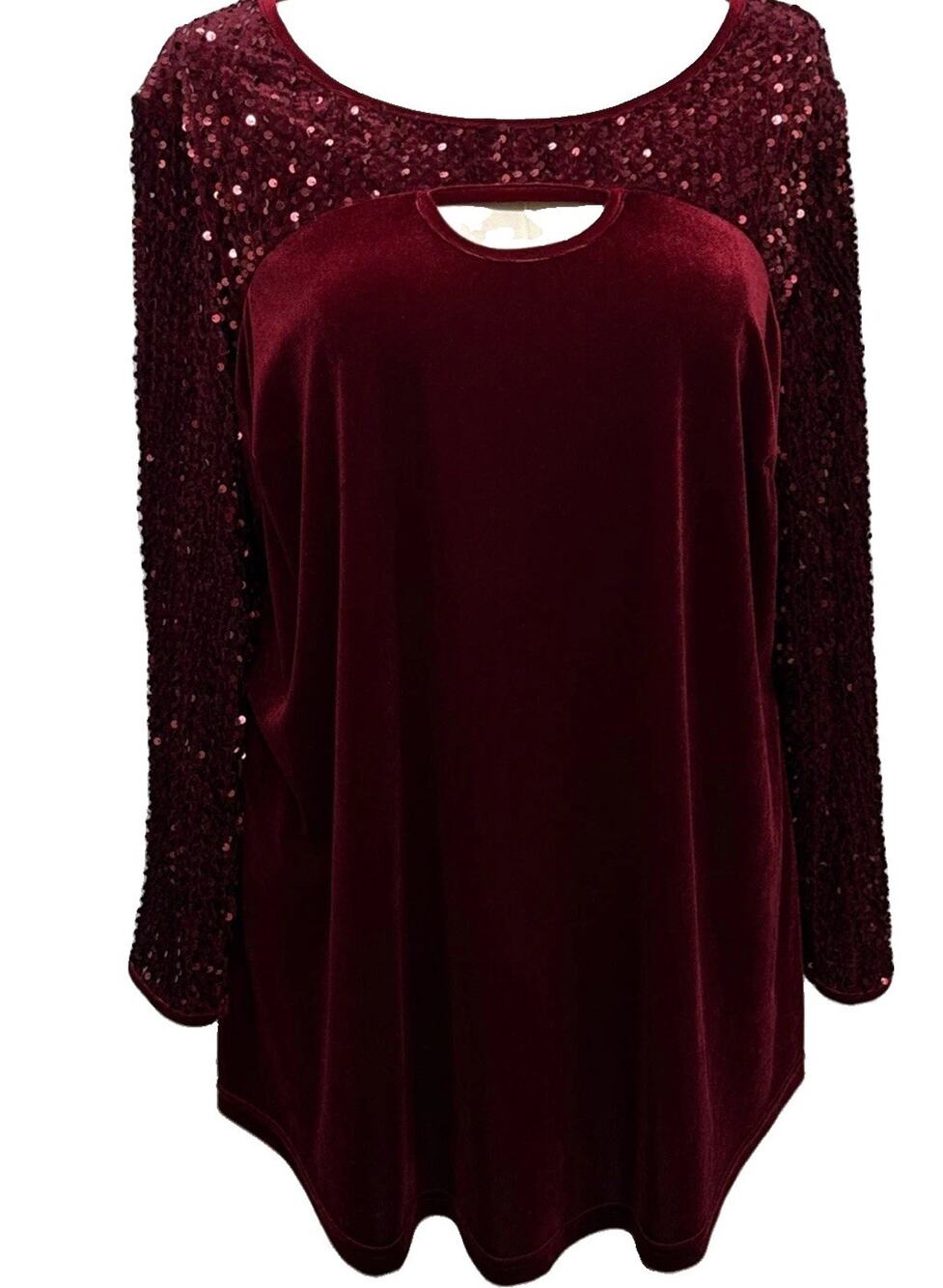 Burgundy Velvet Sequin Tunic Top Size 2X Keyhole Whimsigoth Party Blouse